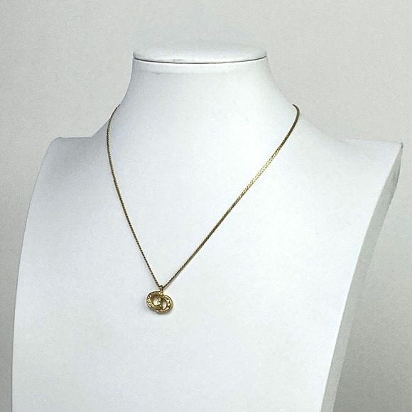 Christian Dior Logo Rhinestone Necklace CD Pendant GP Gold - Picture 4 of 4